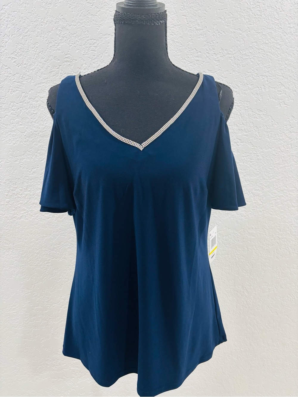 MSK Navy Cold-Shoulder V-Neck Top with Rhinestone Trim